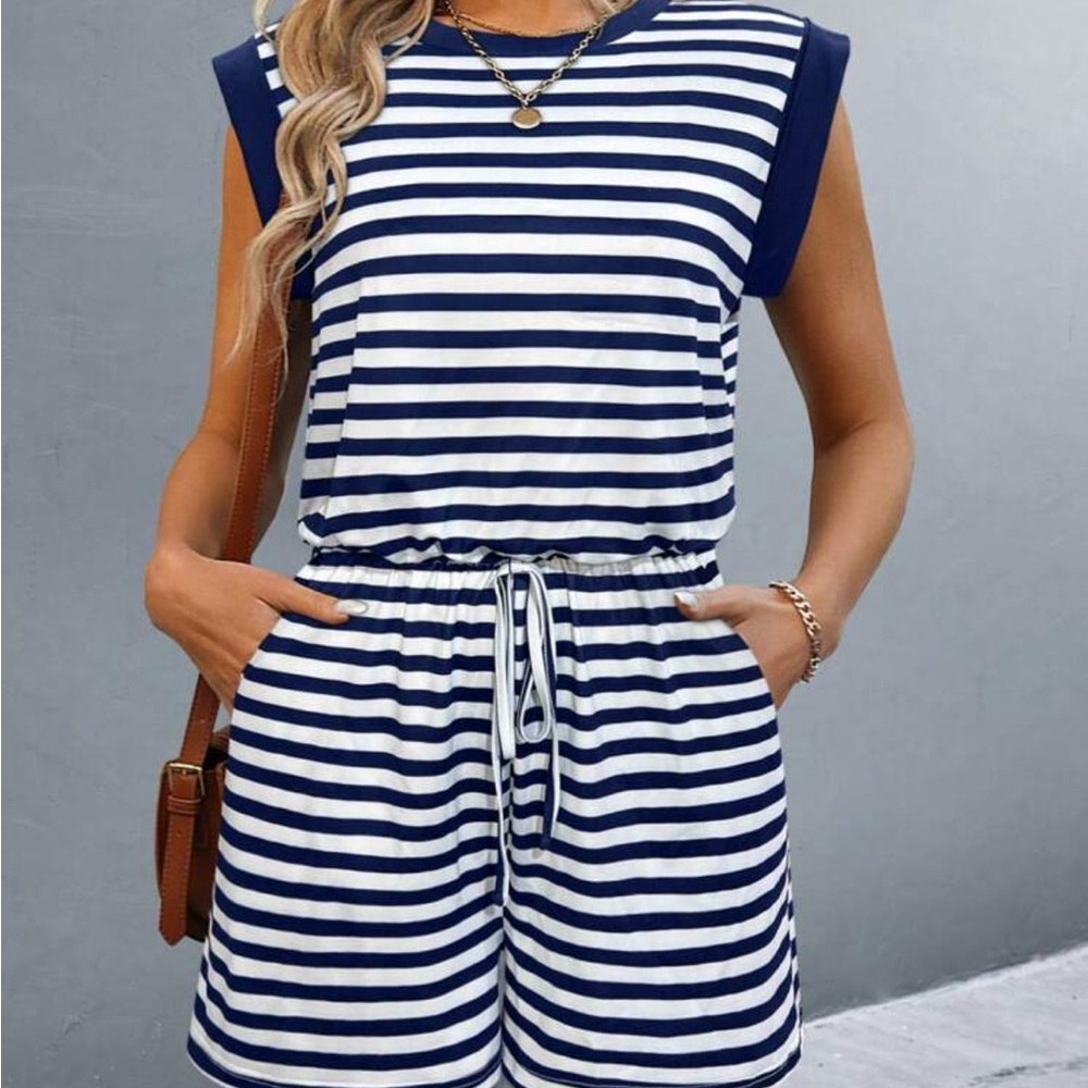 Shein Navy and White Cinched Waist Romper